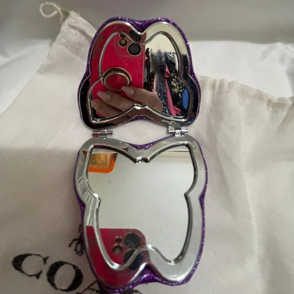 Coach Purple Glitter Apple Compact Mirror & Dust Bag Travel Vanity Accessory#718